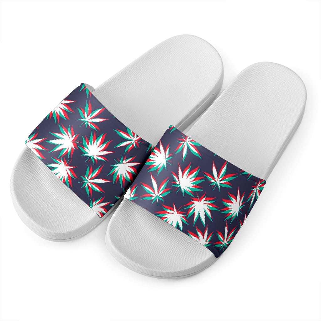 Trippy Hemp Leaves Reggae Pattern Print White Slide Sandals