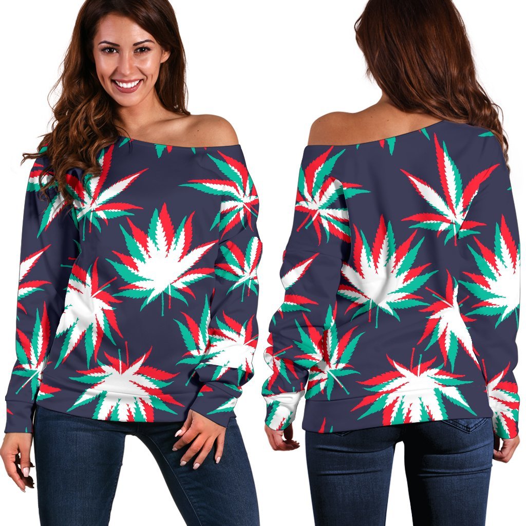 Trippy Hemp Leaves Reggae Pattern Print Women's Off-Shoulder Sweatshirt