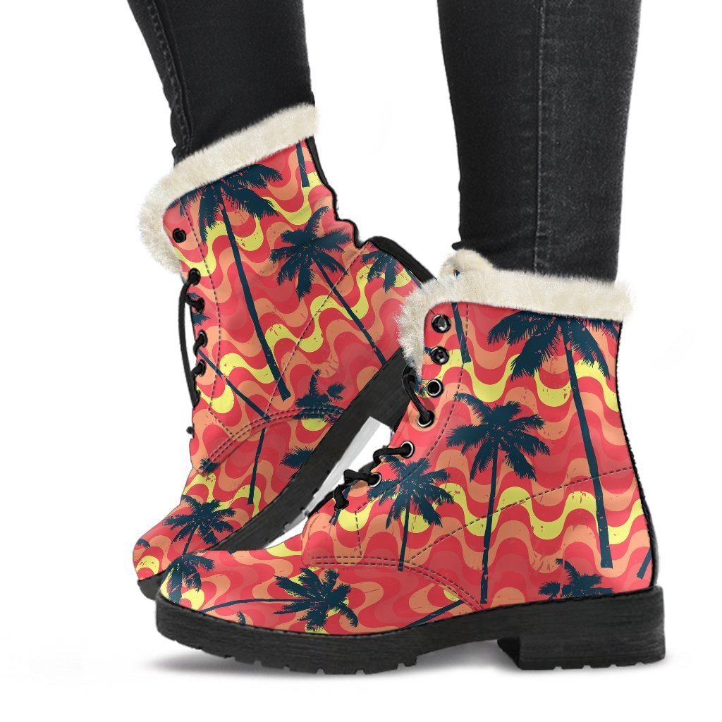 Trippy Palm Tree Pattern Print Faux Fur Leather Boots