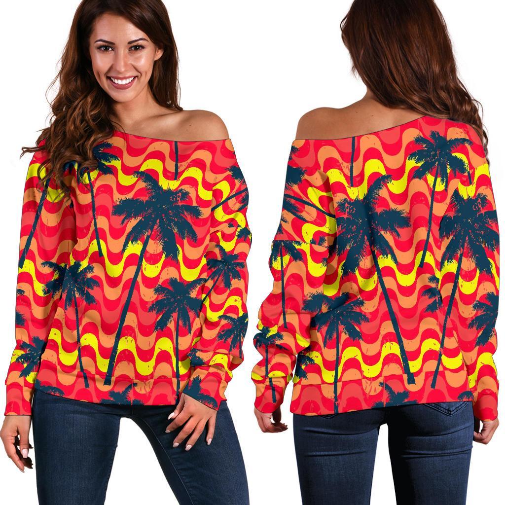 Trippy Palm Tree Pattern Print Women's Off-Shoulder Sweatshirt