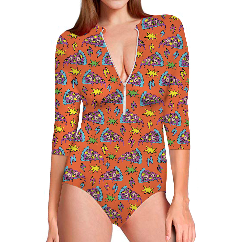 Trippy Pizza Pattern Print Long Sleeve One Piece Swimsuit