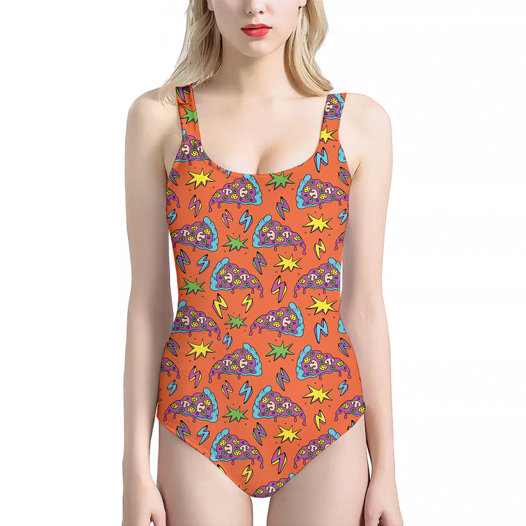 Trippy Pizza Pattern Print One Piece Halter Neck Swimsuit