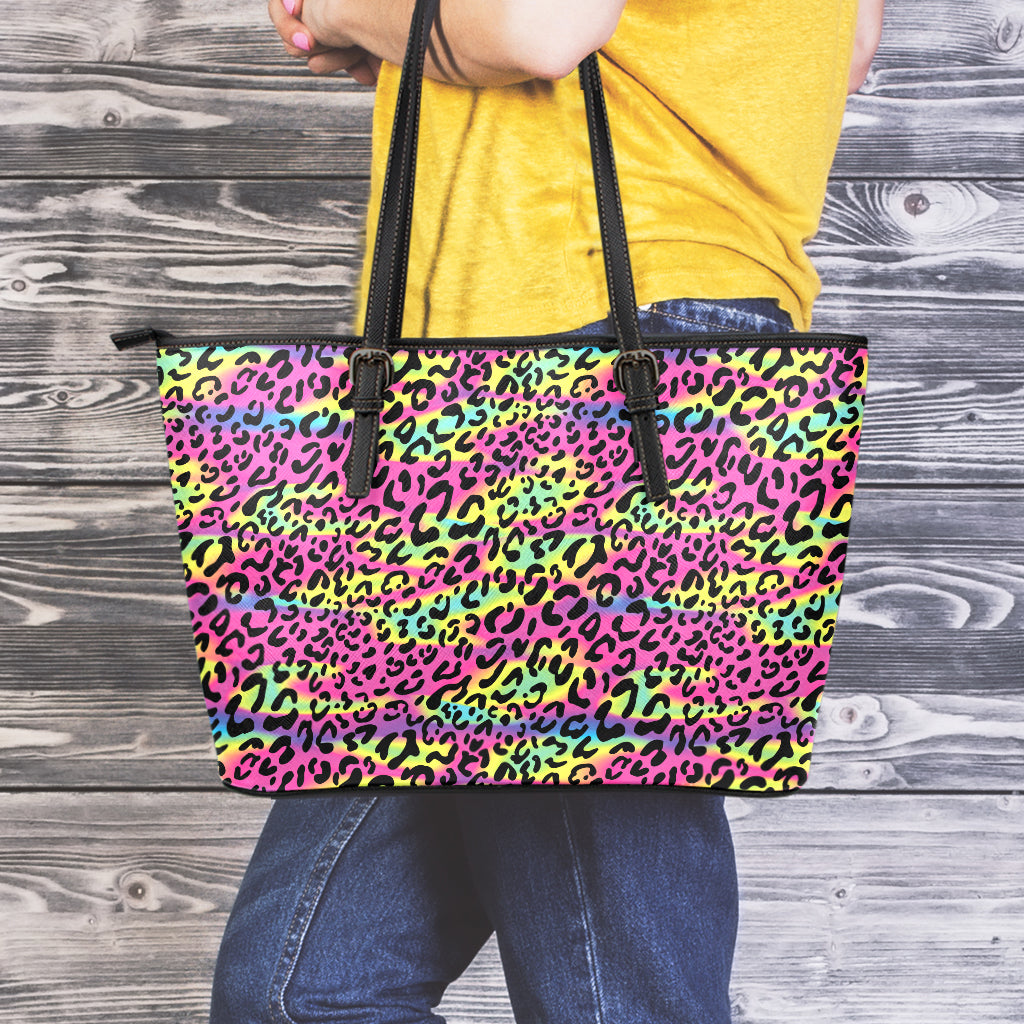 Trippy Psychedelic Leopard Print Leather Tote Bag