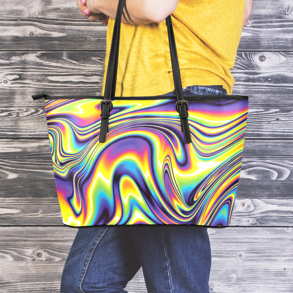 Trippy Rave Print Leather Tote Bag