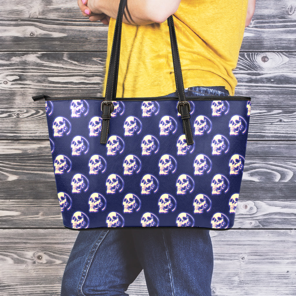 Trippy Skull Pattern Print Leather Tote Bag