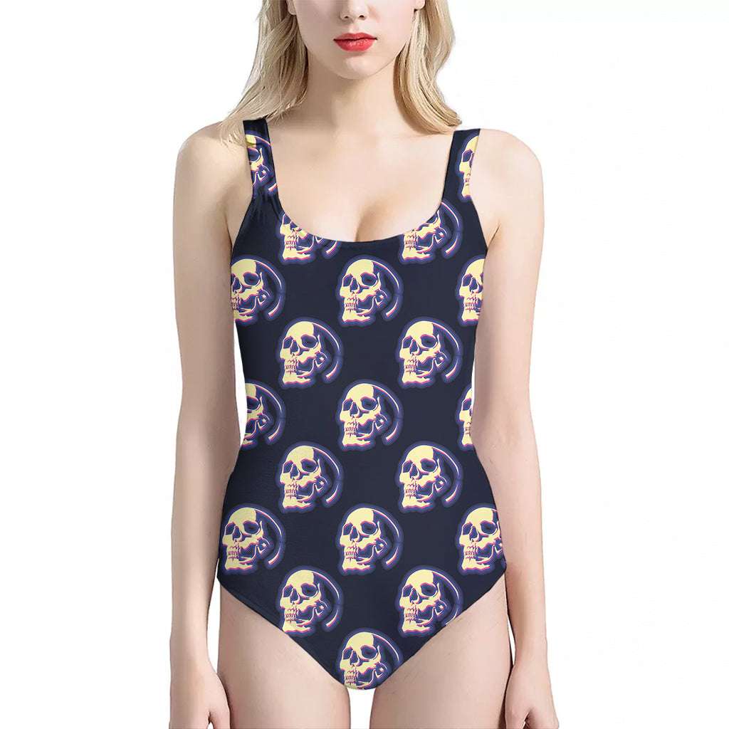 Trippy Skull Pattern Print One Piece Halter Neck Swimsuit