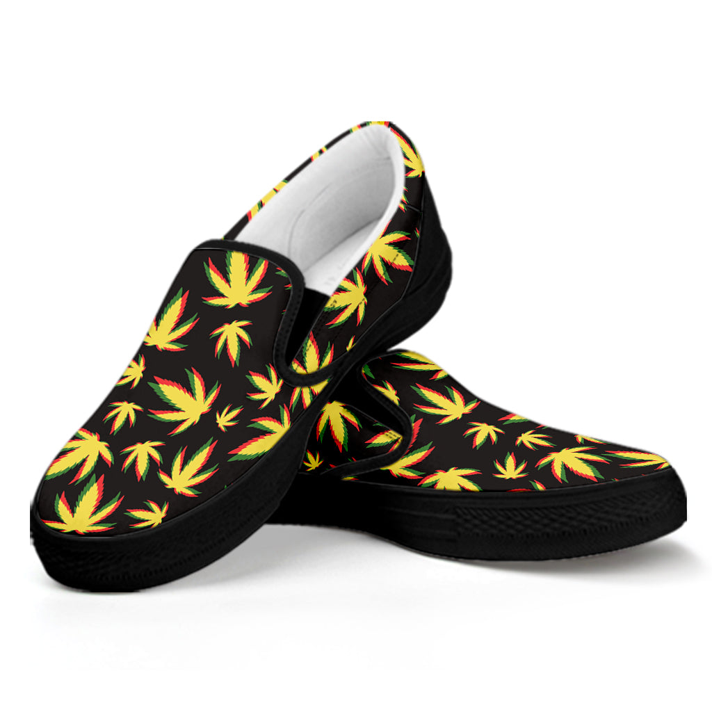 Trippy Weed Leaf Pattern Print Black Slip On Shoes