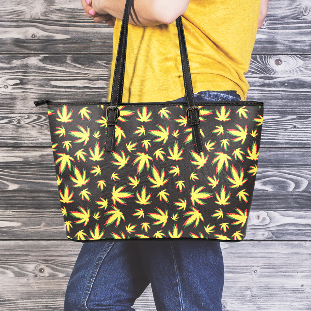 Trippy Weed Leaf Pattern Print Leather Tote Bag