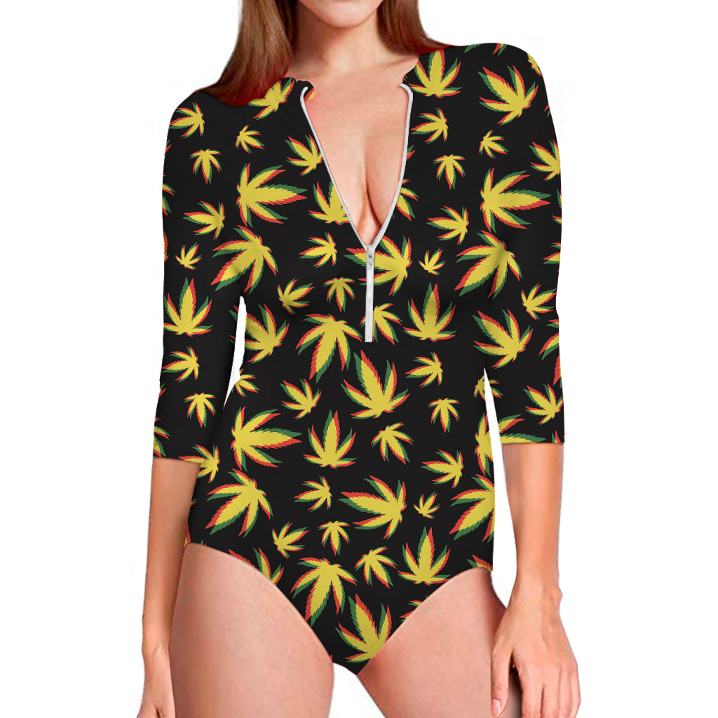 Trippy Weed Leaf Pattern Print Long Sleeve One Piece Swimsuit