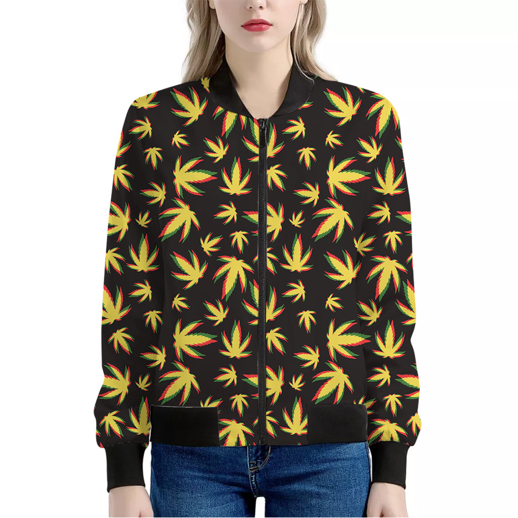 Trippy Weed Leaf Pattern Print Women's Bomber Jacket