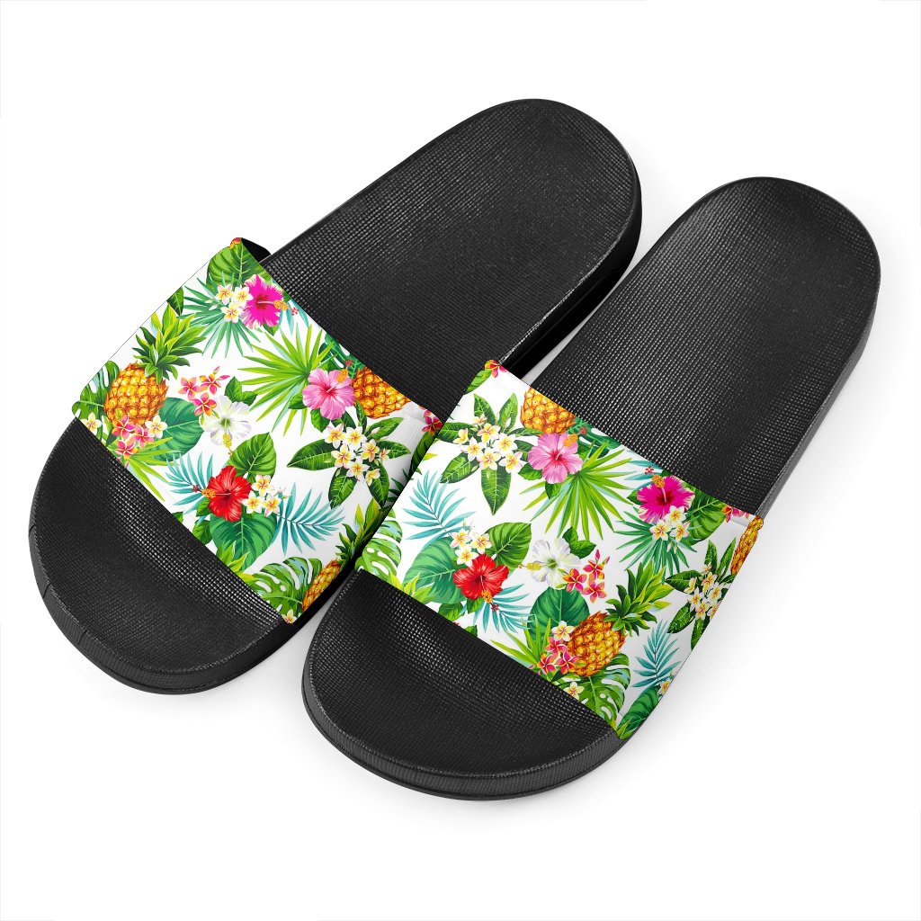 Tropical Aloha Pineapple Pattern Print Black Slide Sandals