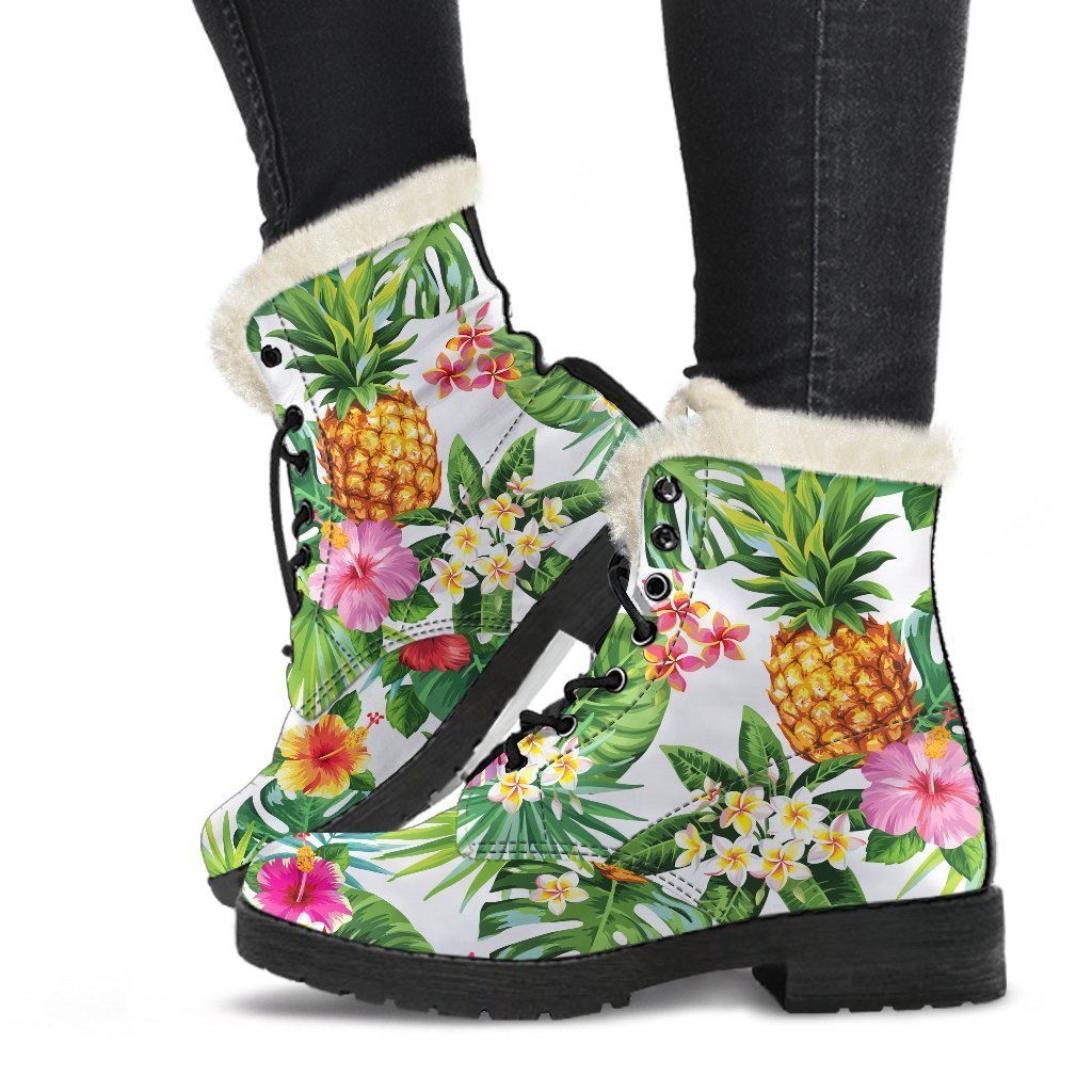 Tropical Aloha Pineapple Pattern Print Faux Fur Leather Boots