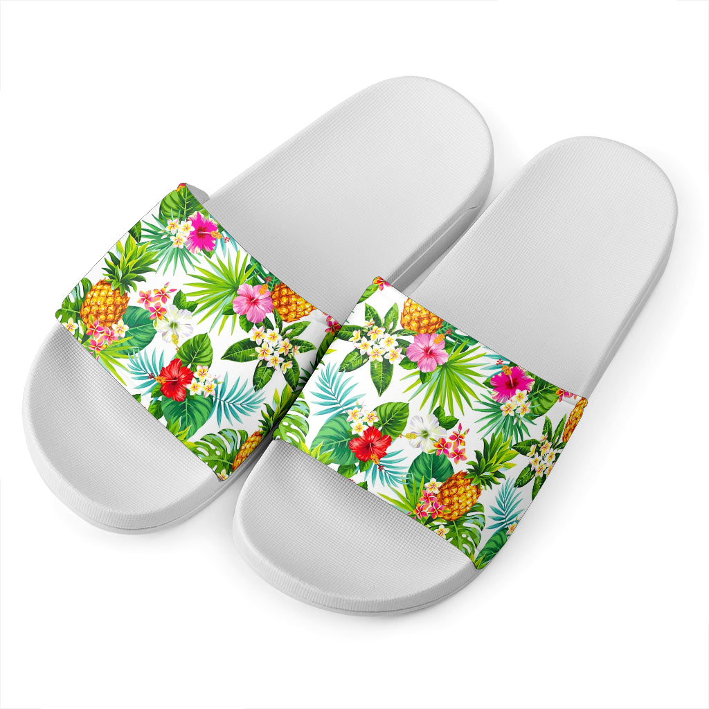 Tropical Aloha Pineapple Pattern Print White Slide Sandals