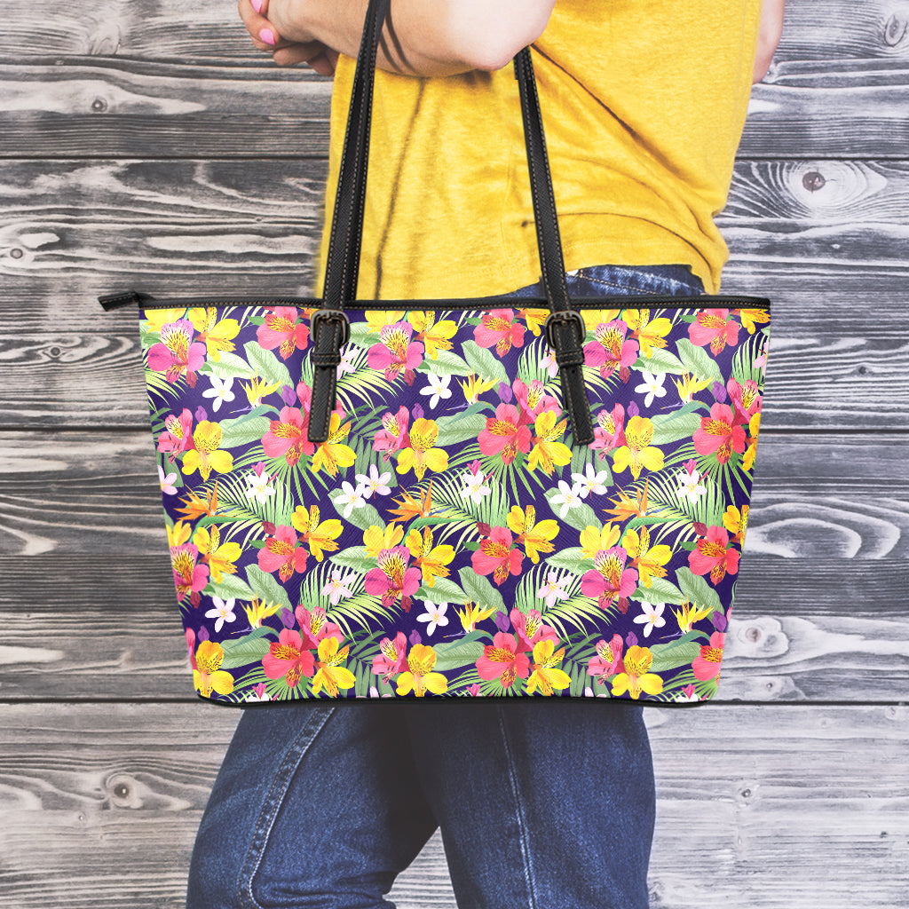 Tropical Alstroemeria Pattern Print Leather Tote Bag