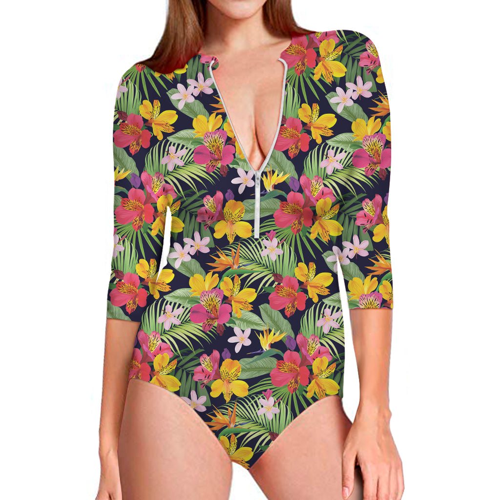 Tropical Alstroemeria Pattern Print Long Sleeve One Piece Swimsuit