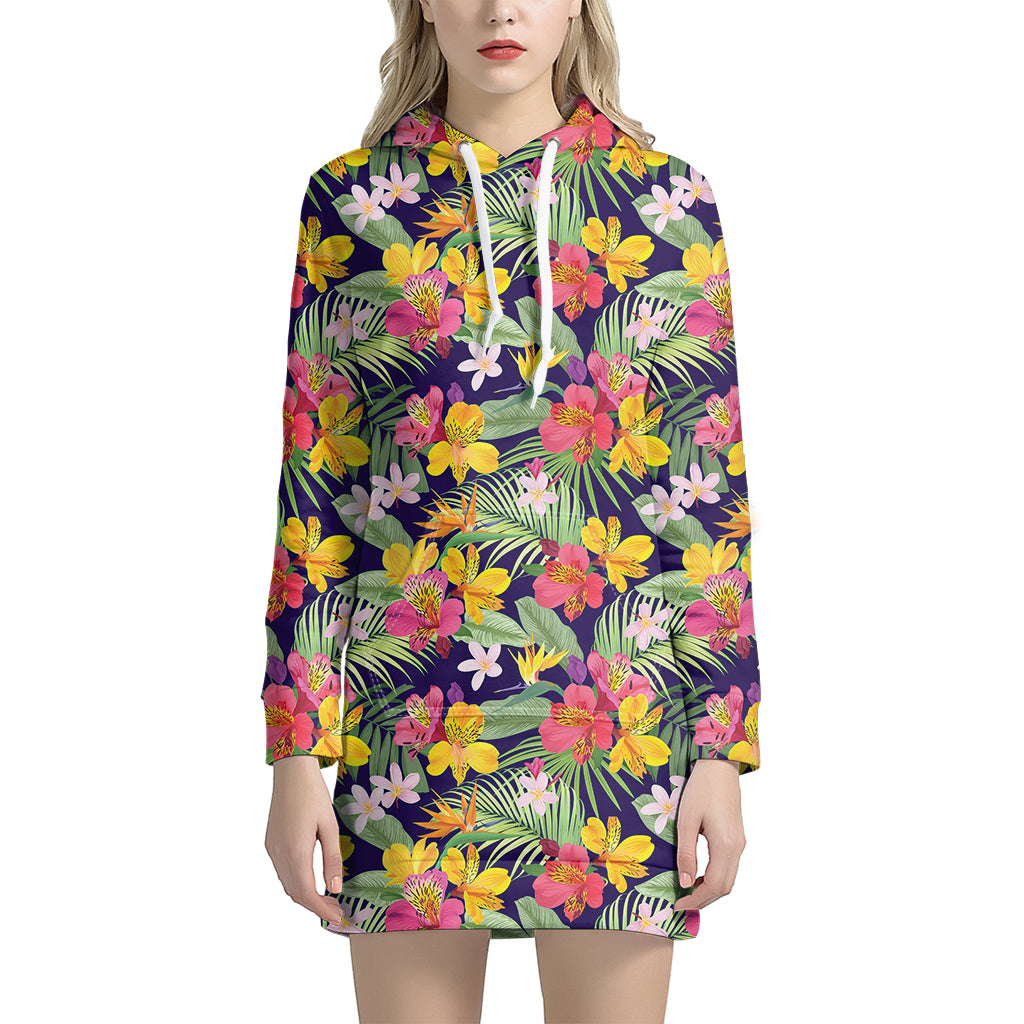 Tropical Alstroemeria Pattern Print Women's Pullover Hoodie Dress