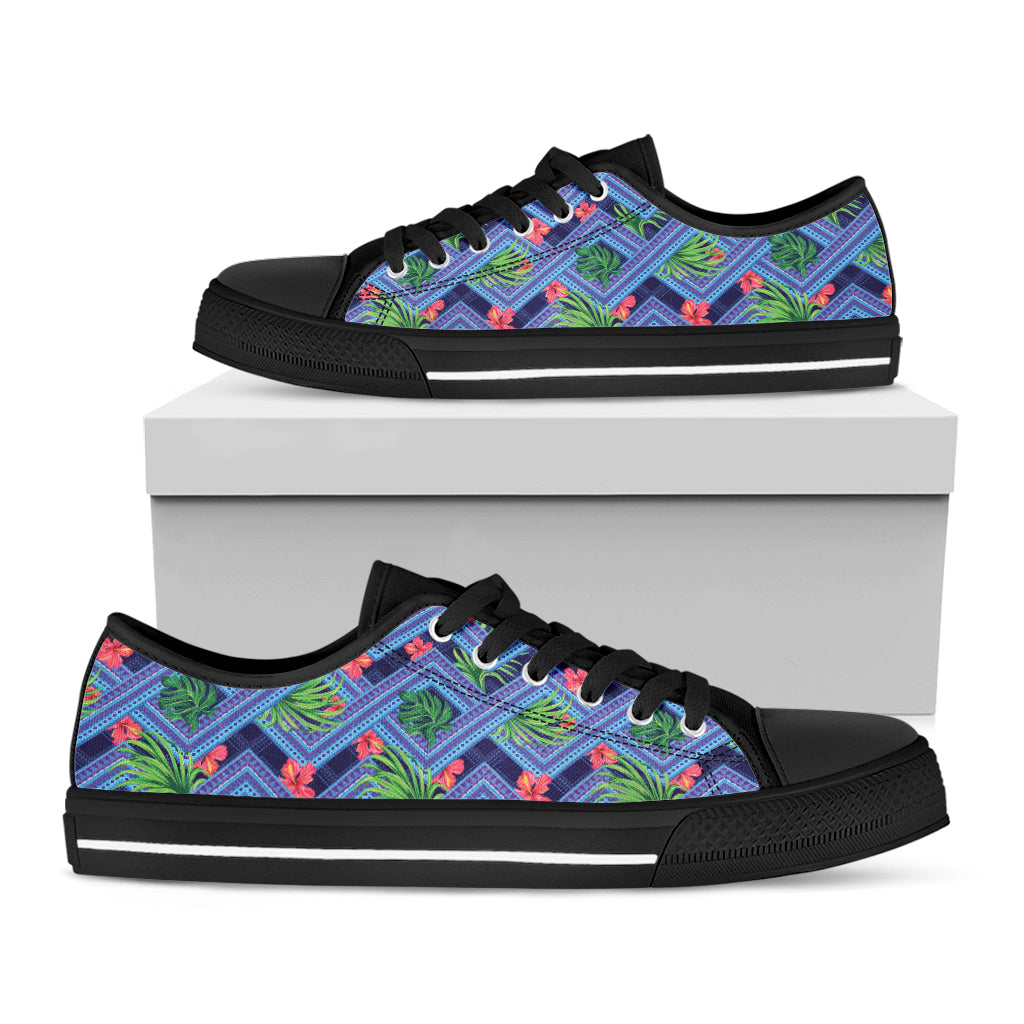 Tropical Aztec Geometric Pattern Print Black Low Top Shoes