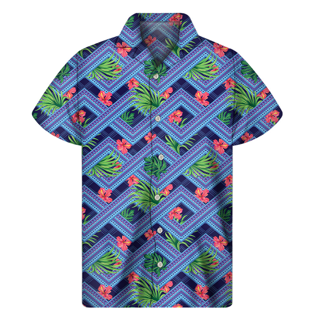 Tropical Aztec Geometric Pattern Print Men's Short Sleeve Shirt