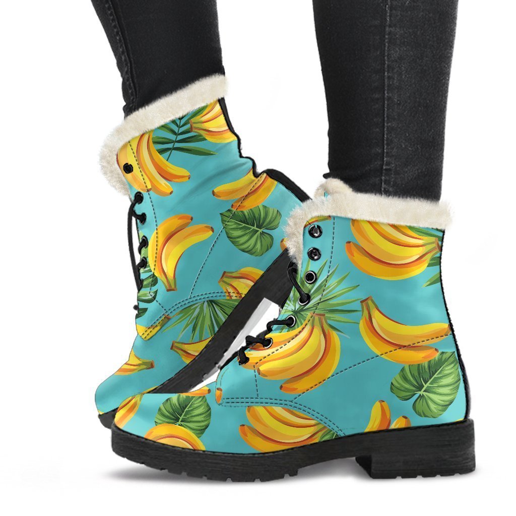 Tropical Banana Leaf Pattern Print Faux Fur Leather Boots