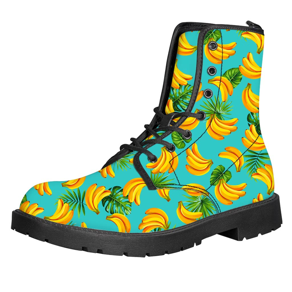 Tropical Banana Leaf Pattern Print Leather Boots