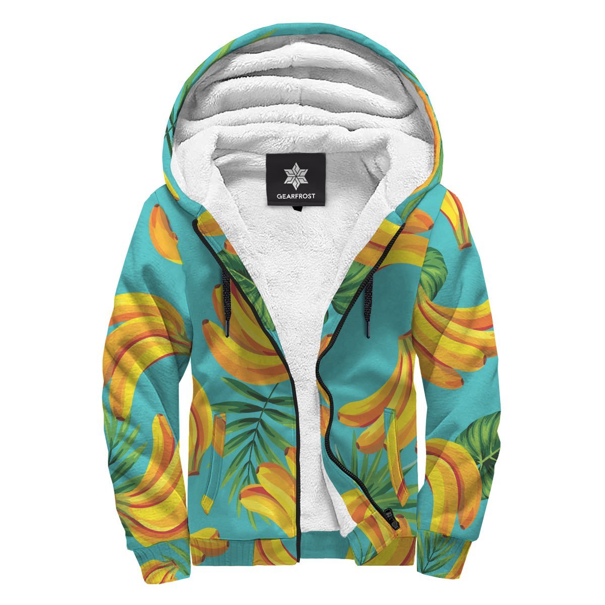 Tropical Banana Leaf Pattern Print Sherpa Lined Fleece Hoodie