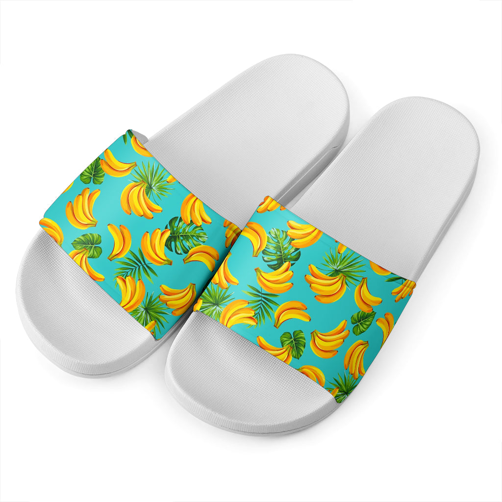 Tropical Banana Leaf Pattern Print White Slide Sandals