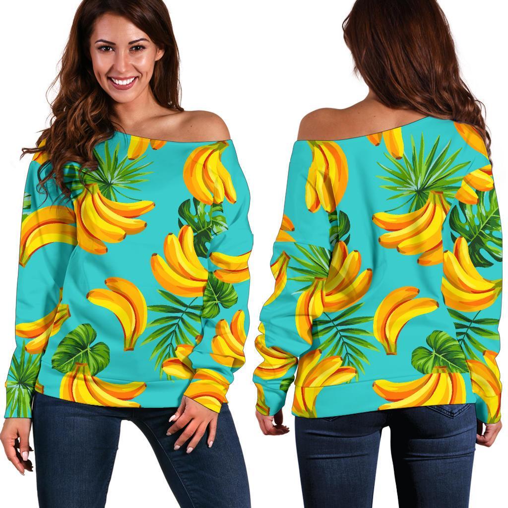 Tropical Banana Leaf Pattern Print Women's Off-Shoulder Sweatshirt