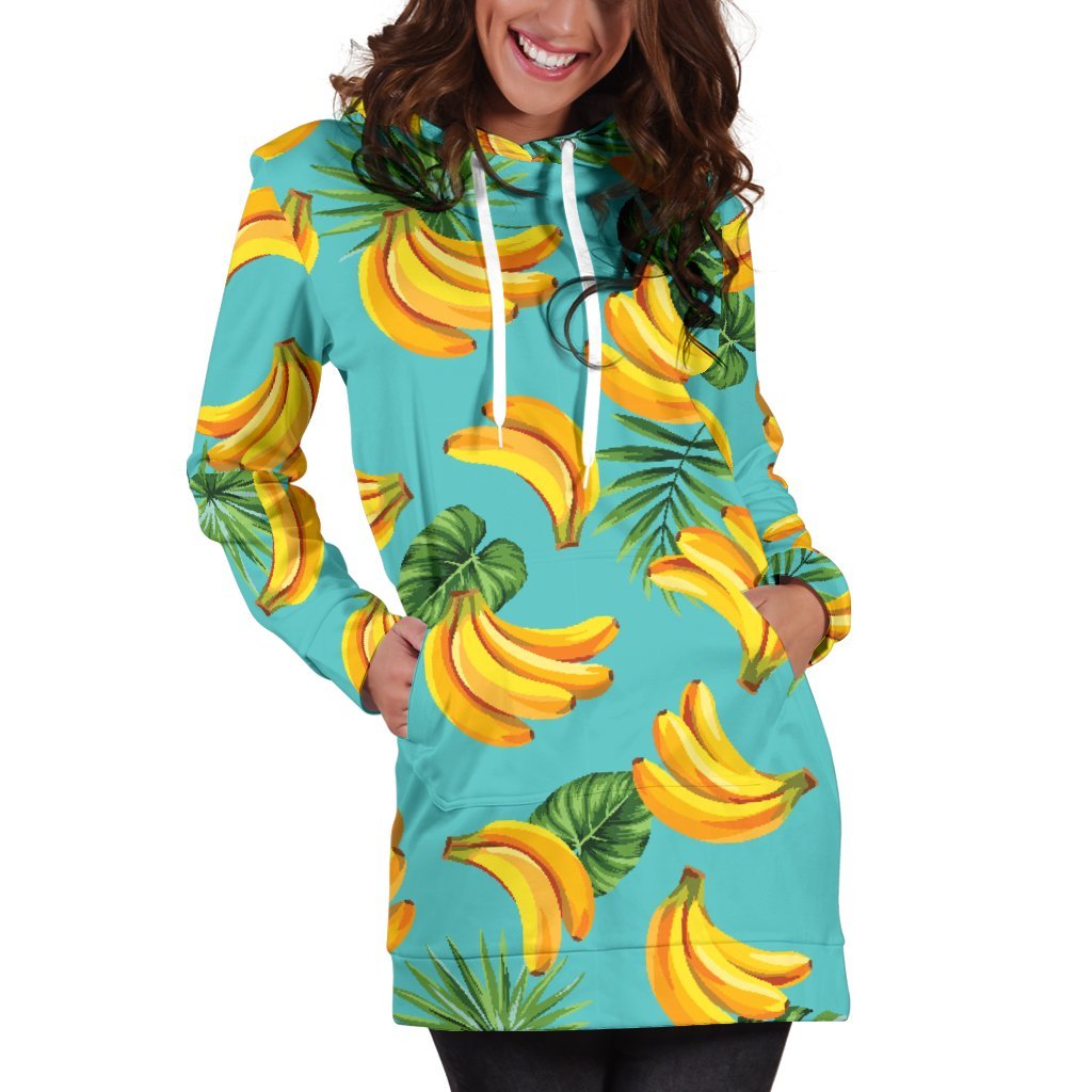 Tropical Banana Leaf Pattern Print Women's Pullover Hoodie Dress