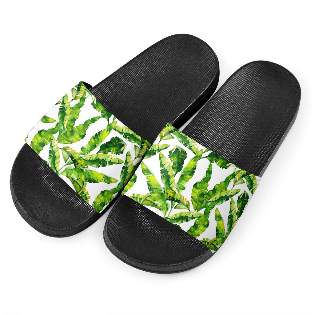 Tropical Banana Leaves Pattern Print Black Slide Sandals