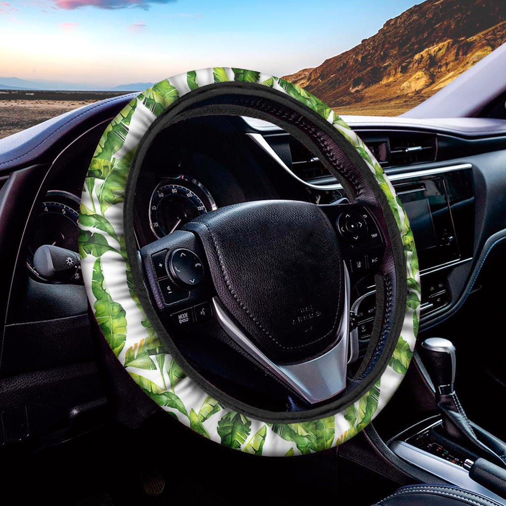 Tropical Banana Leaves Pattern Print Car Steering Wheel Cover