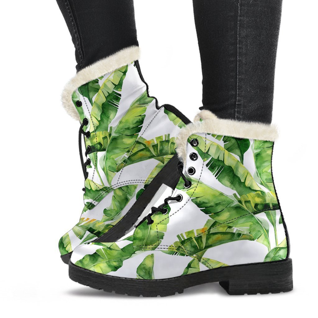 Tropical Banana Leaves Pattern Print Faux Fur Leather Boots