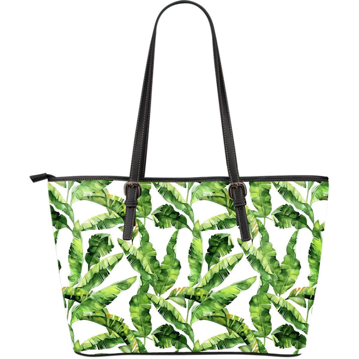 Tropical Banana Leaves Pattern Print Leather Tote Bag