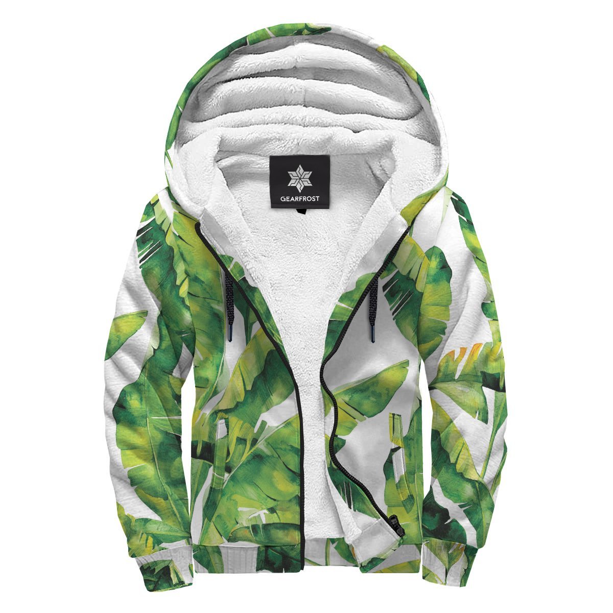 Tropical Banana Leaves Pattern Print Sherpa Lined Fleece Hoodie