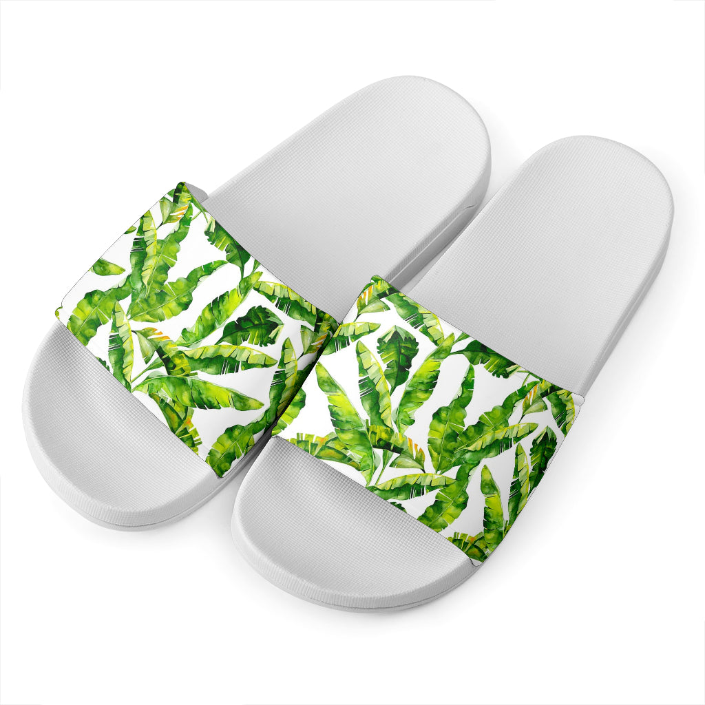 Tropical Banana Leaves Pattern Print White Slide Sandals