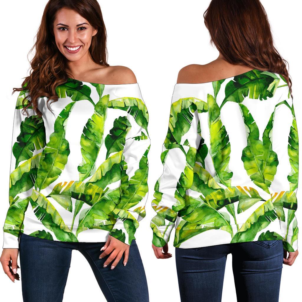 Tropical Banana Leaves Pattern Print Women's Off-Shoulder Sweatshirt