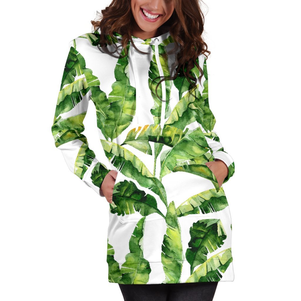 Tropical Banana Leaves Pattern Print Women's Pullover Hoodie Dress