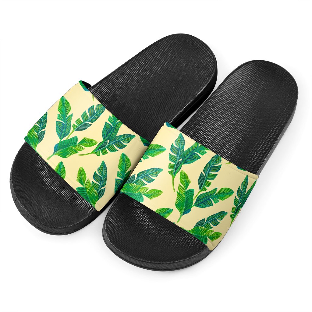 Tropical Banana Palm Leaf Pattern Print Black Slide Sandals