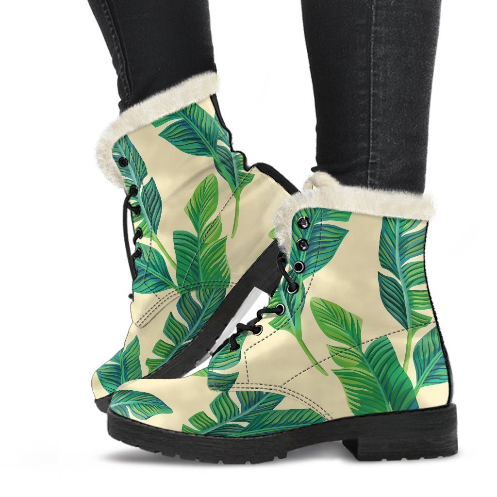 Tropical Banana Palm Leaf Pattern Print Faux Fur Leather Boots