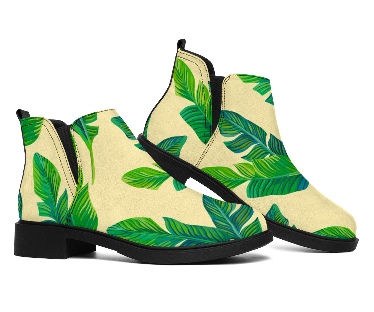 Tropical Banana Palm Leaf Pattern Print Flat Ankle Boots