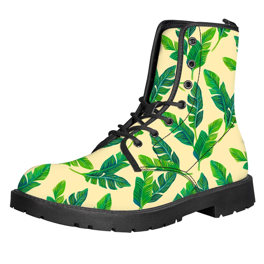 Tropical Banana Palm Leaf Pattern Print Leather Boots