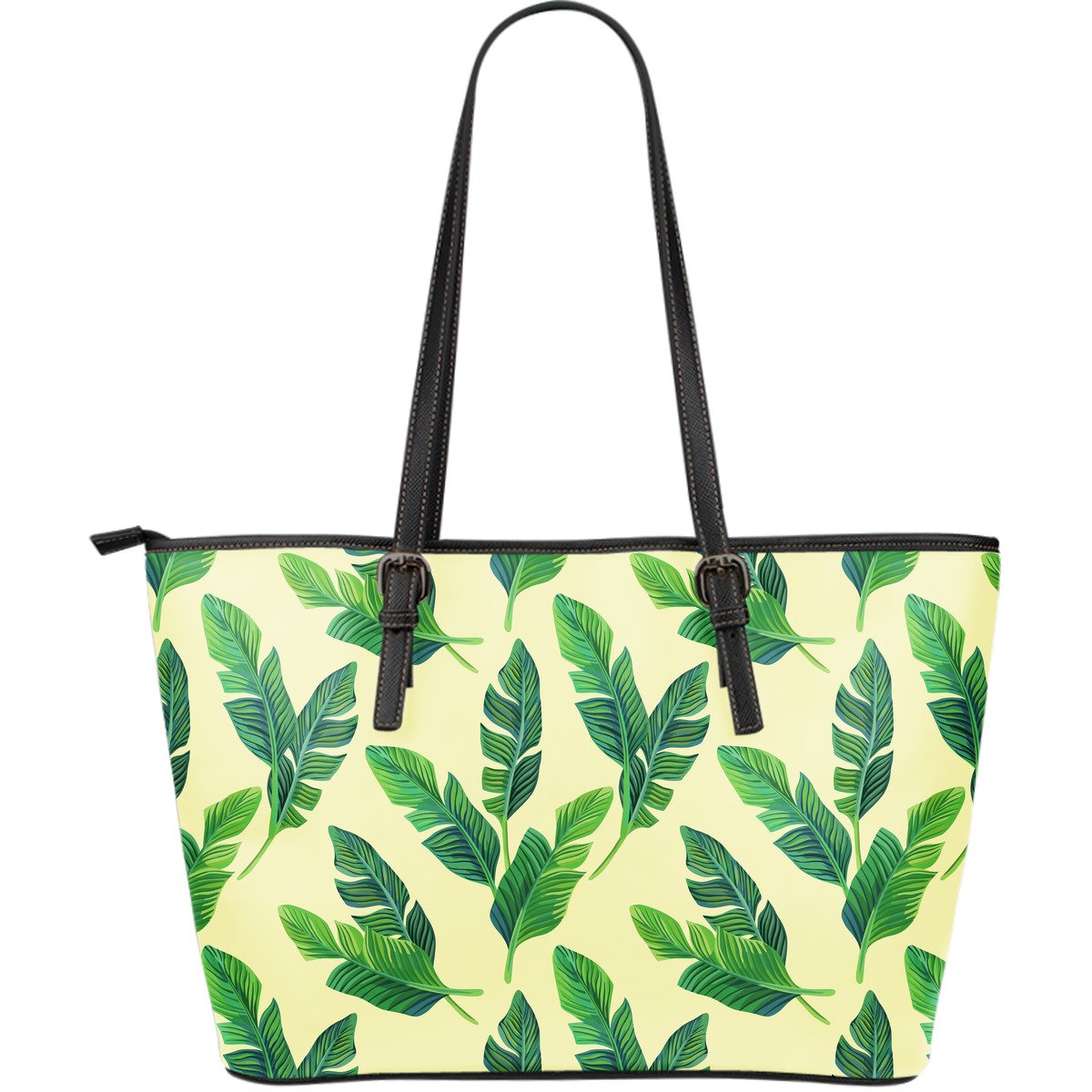 Tropical Banana Palm Leaf Pattern Print Leather Tote Bag