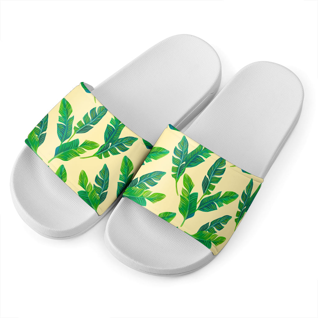 Tropical Banana Palm Leaf Pattern Print White Slide Sandals