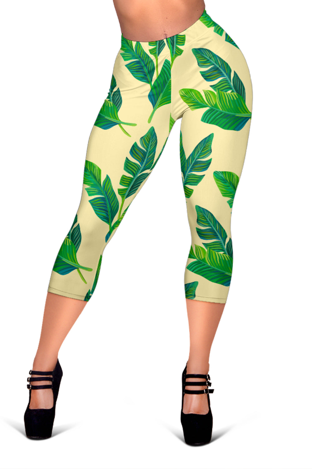 Tropical Banana Palm Leaf Pattern Print Women's Capri Leggings