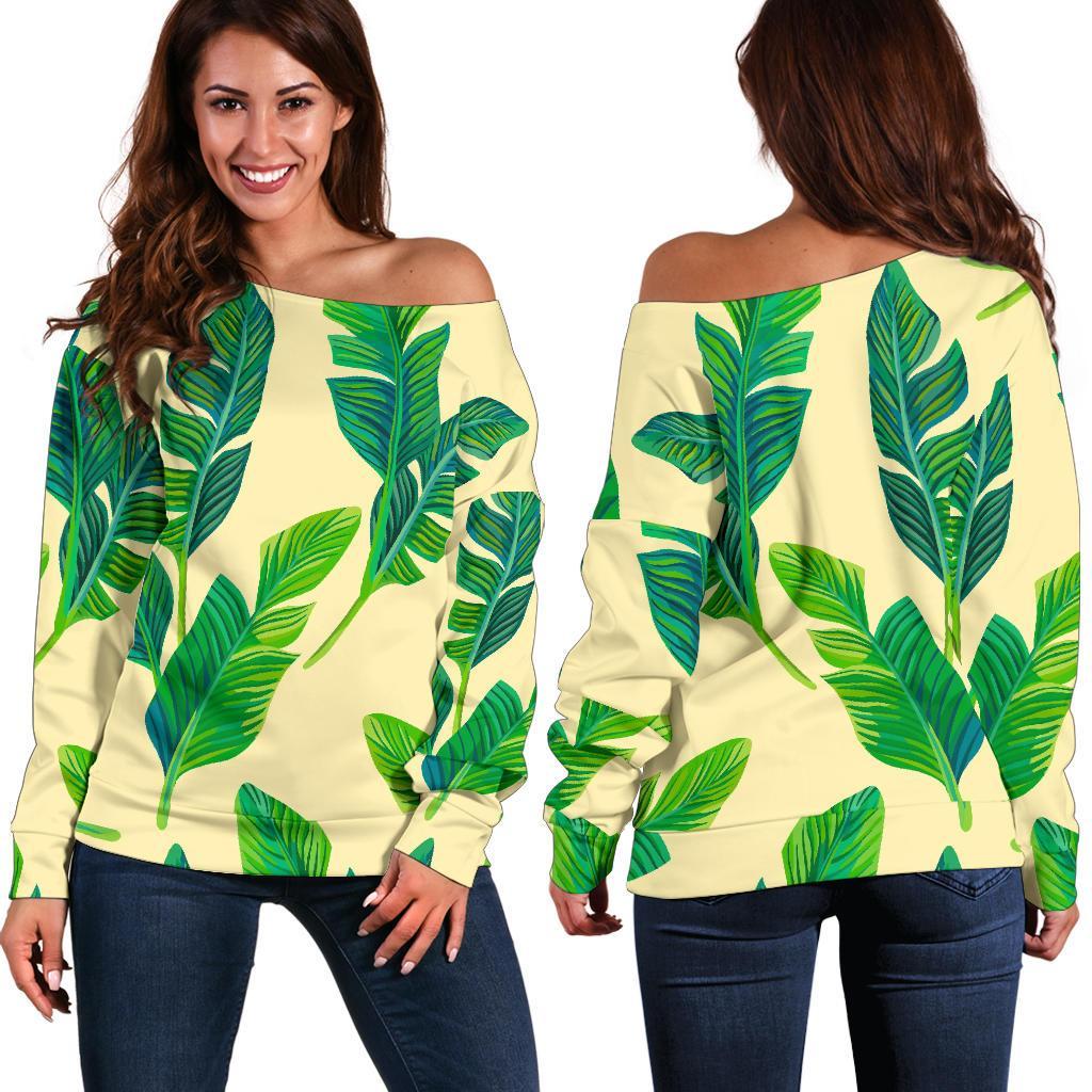 Tropical Banana Palm Leaf Pattern Print Women's Off-Shoulder Sweatshirt