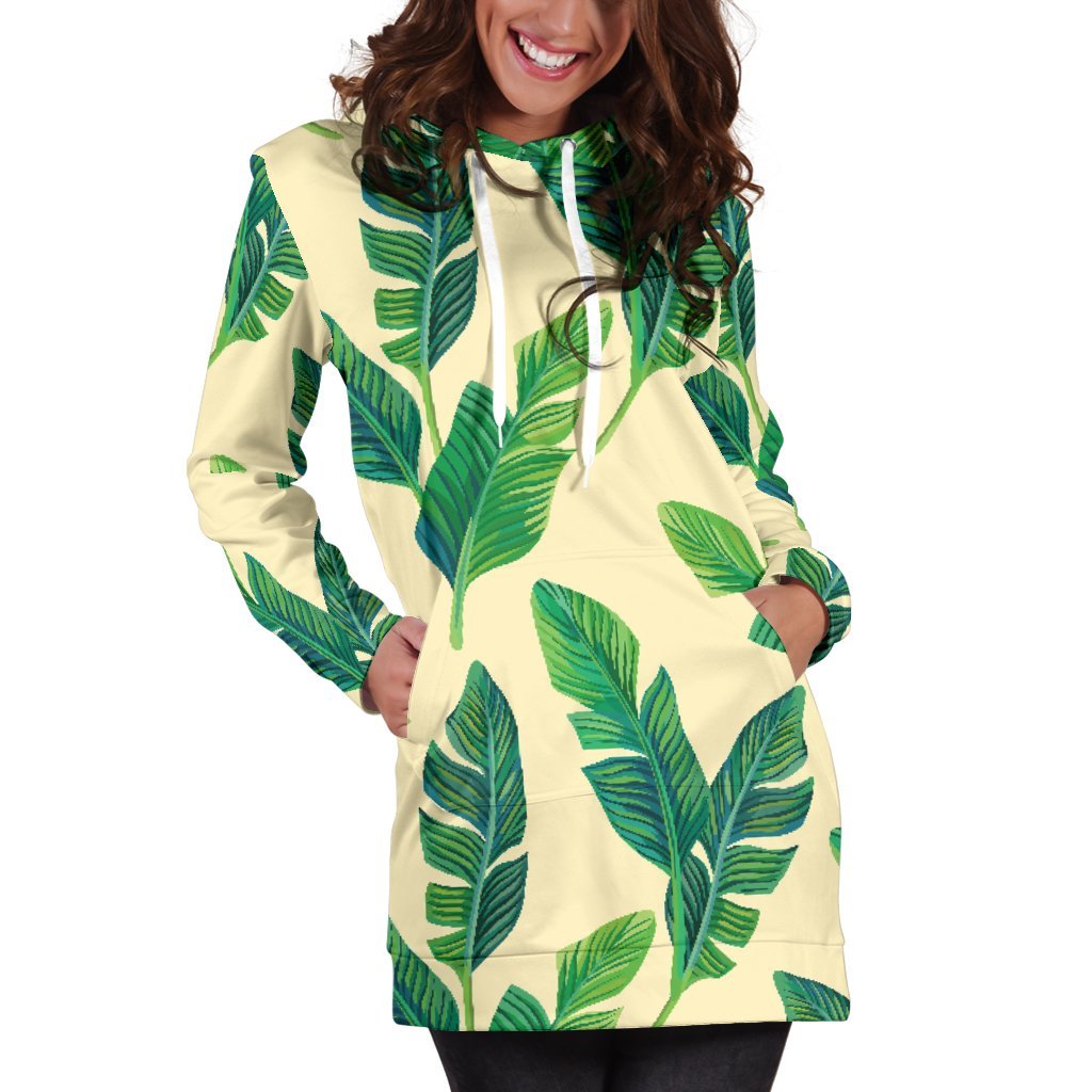 Tropical Banana Palm Leaf Pattern Print Women's Pullover Hoodie Dress