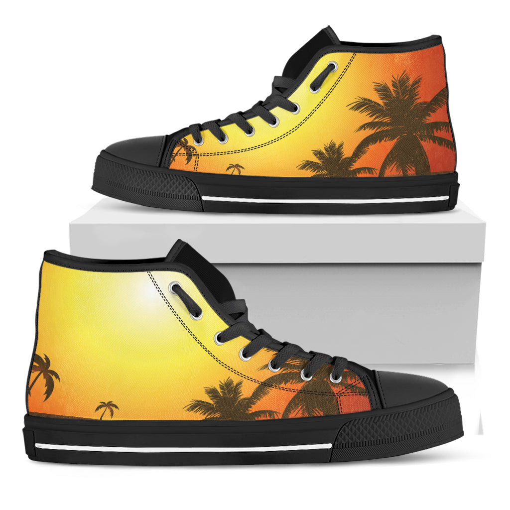 Tropical Beach Sunset Print Black High Top Shoes