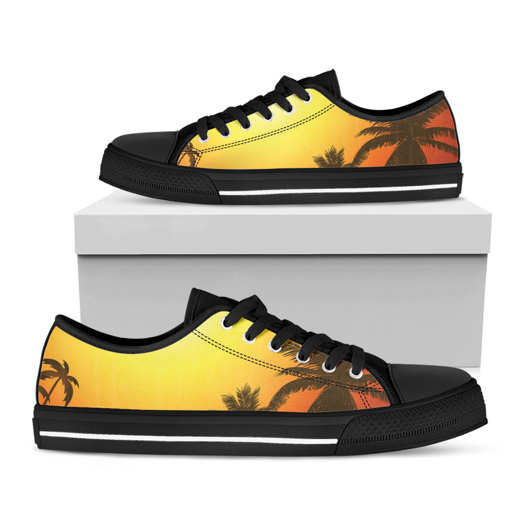 Tropical Beach Sunset Print Black Low Top Shoes