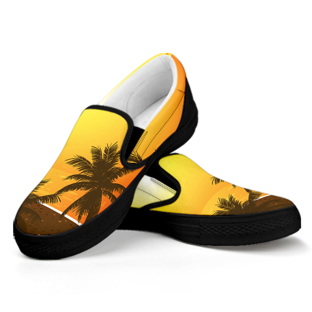 Tropical Beach Sunset Print Black Slip On Shoes