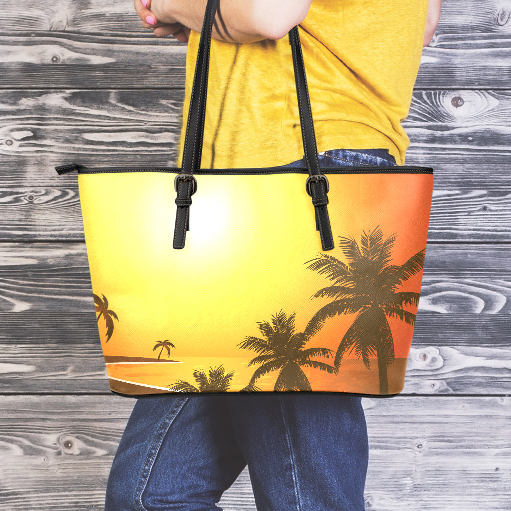 Tropical Beach Sunset Print Leather Tote Bag