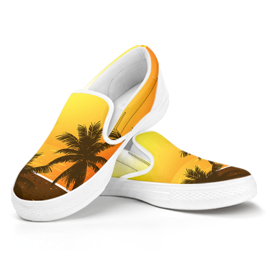 Tropical Beach Sunset Print White Slip On Shoes